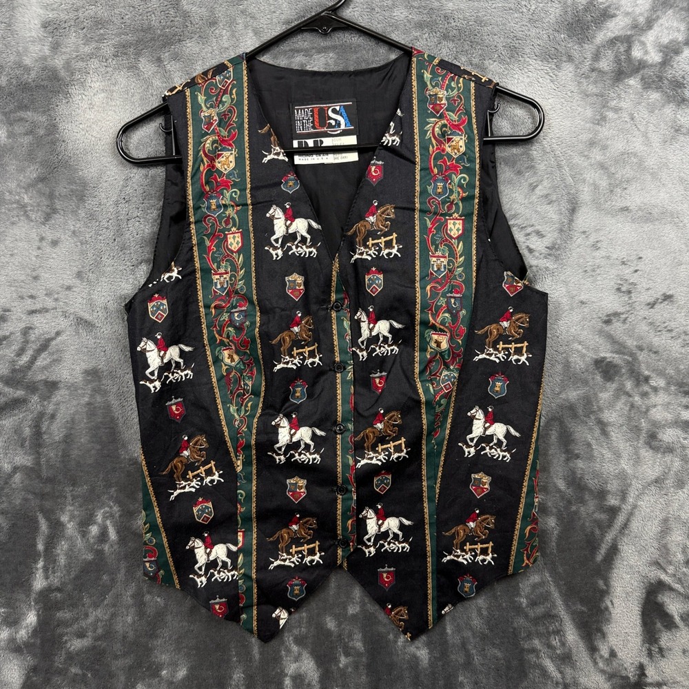 D.B. Riding Gear Vest Womens Medium Black Equestrian Fox Hunt Horse Print USA